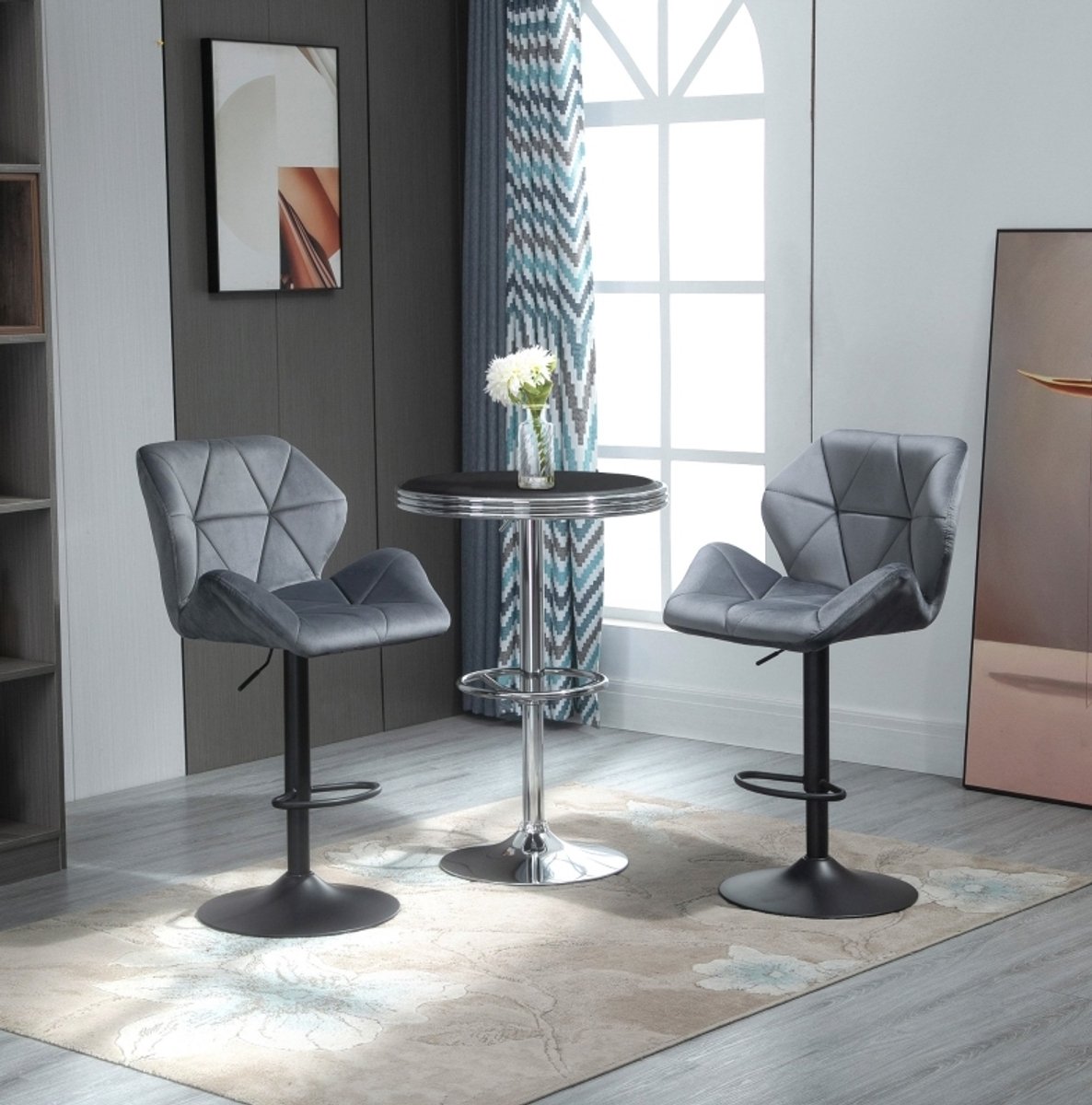 OKWISH Barkruk Set Van 2 - Hoogte Verstelbaar 360 Graden Draaibaar Met Rugleuning En Armleuningen - Voor Bar En Hoge Eettafel - Velvet - Grijs
