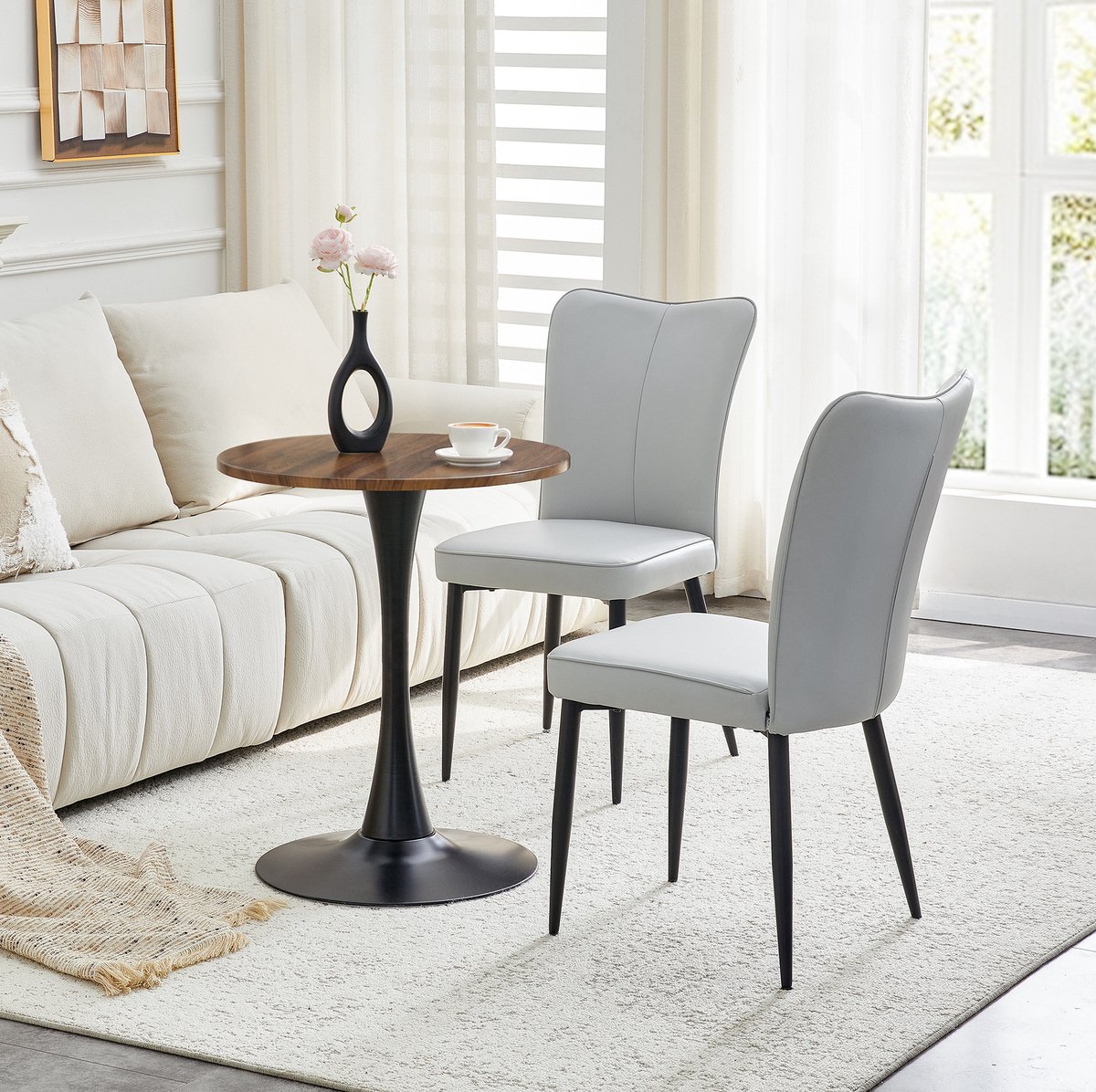 Wishdor Set tafel en stoelen - Ronde 60 cm tafel met 2 stoelen - MDF en metaal - Modern - Woonkamer eetkamer hoek - Zwart lichtgrijs walnoot