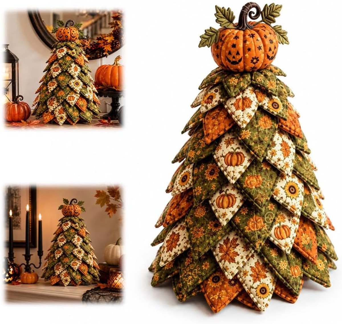 DIY Halloween gequilte stoffen kerstboomset (onafgewerkt) - 17×11×9 cm - Pompoen- en esdoornbladpatroon - Handgemaakt 3D naaiproject - Geschikt voor de schoorsteenmantel - Creatief handgemaakt cadeau