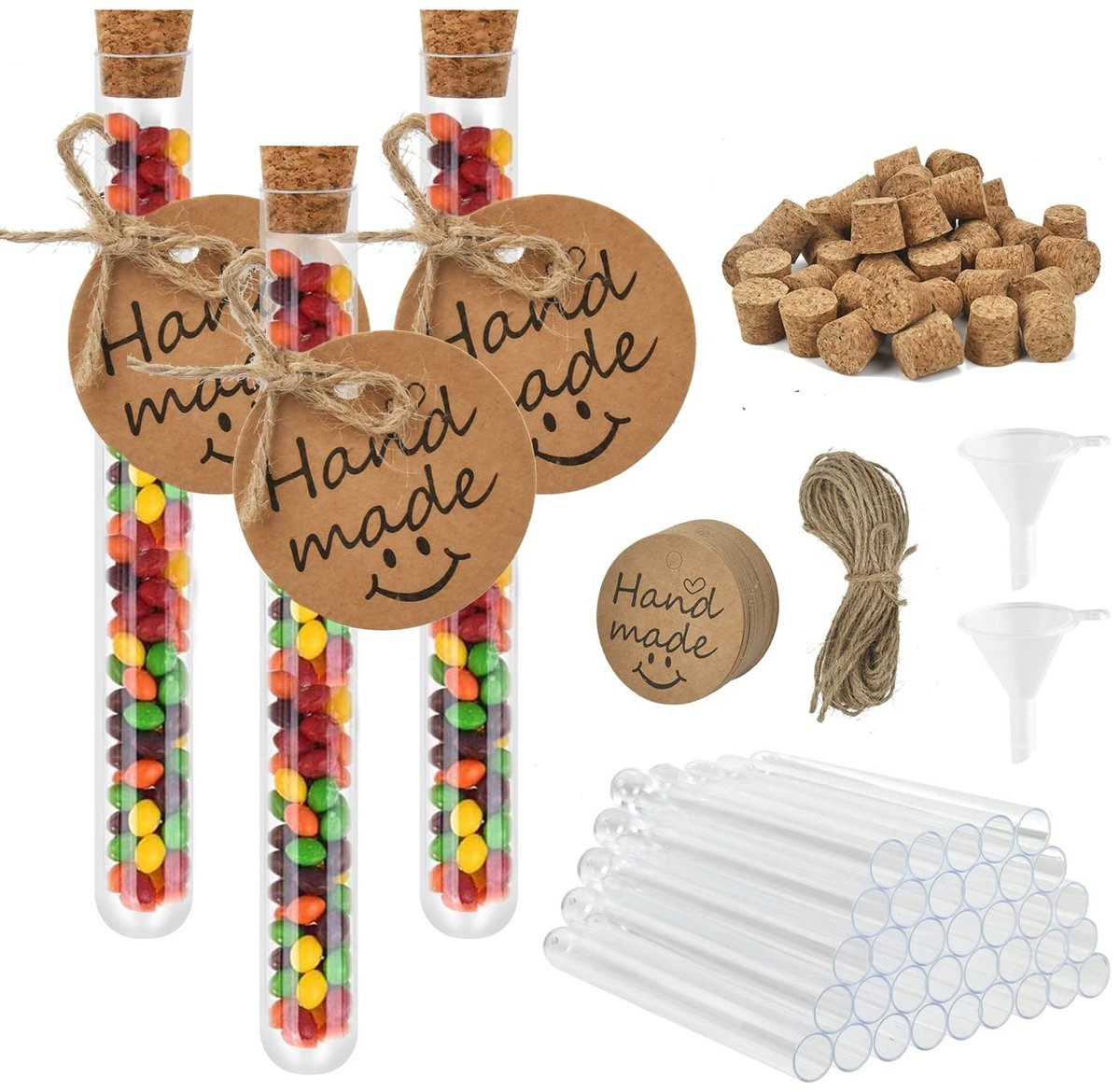 40 Stuks Heldere Plastic Proefbuisjes met Kurken Stoppen, 20ml Transparante Flessen met Kraft Papier Labels, Touw en Trechters voor Sieraden, Zaadjes en Vloeistofopslag