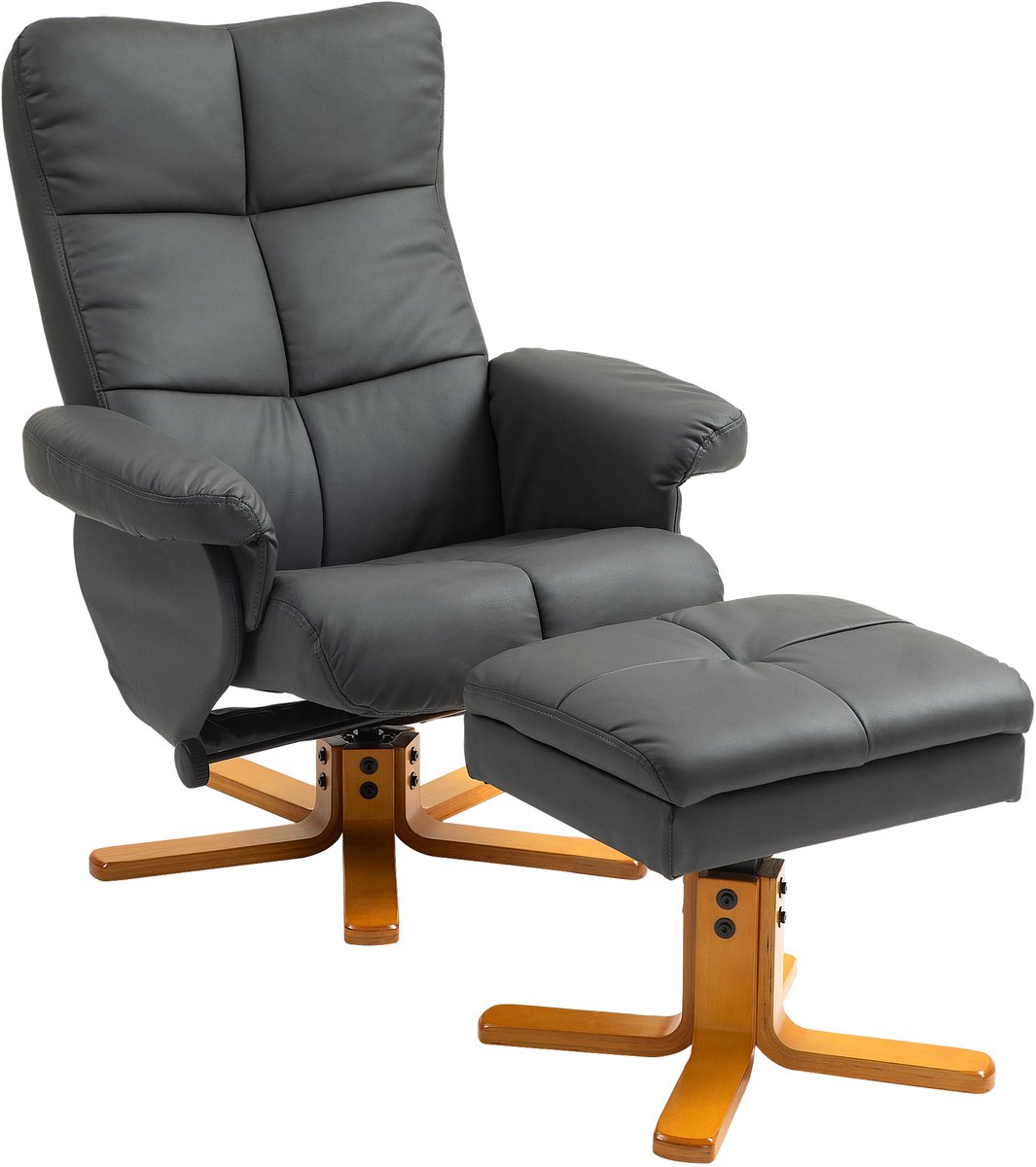 HOMCOM Relaxfauteuil met Ottoman Hout, kunstleer B80 x D86 x H99 cm Donkergrijs