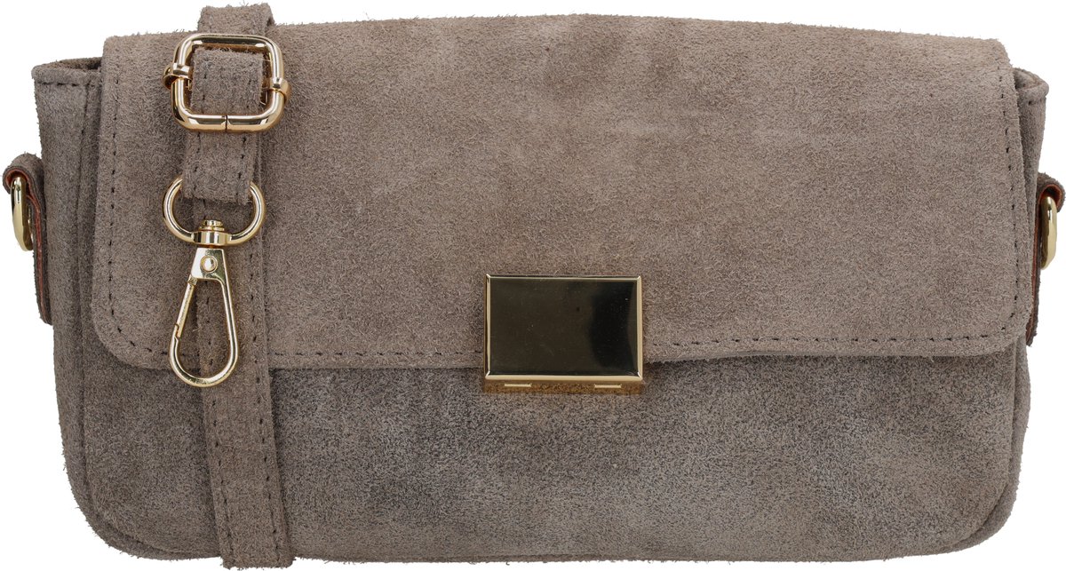 Charm London Vittoria Crossbodytas - Suede - Damestas - Schoudertas - Ritsvak - Verstelbare Schouderband - Afneembare Schouderband - Leren Dames Tas - Donkertaupe
