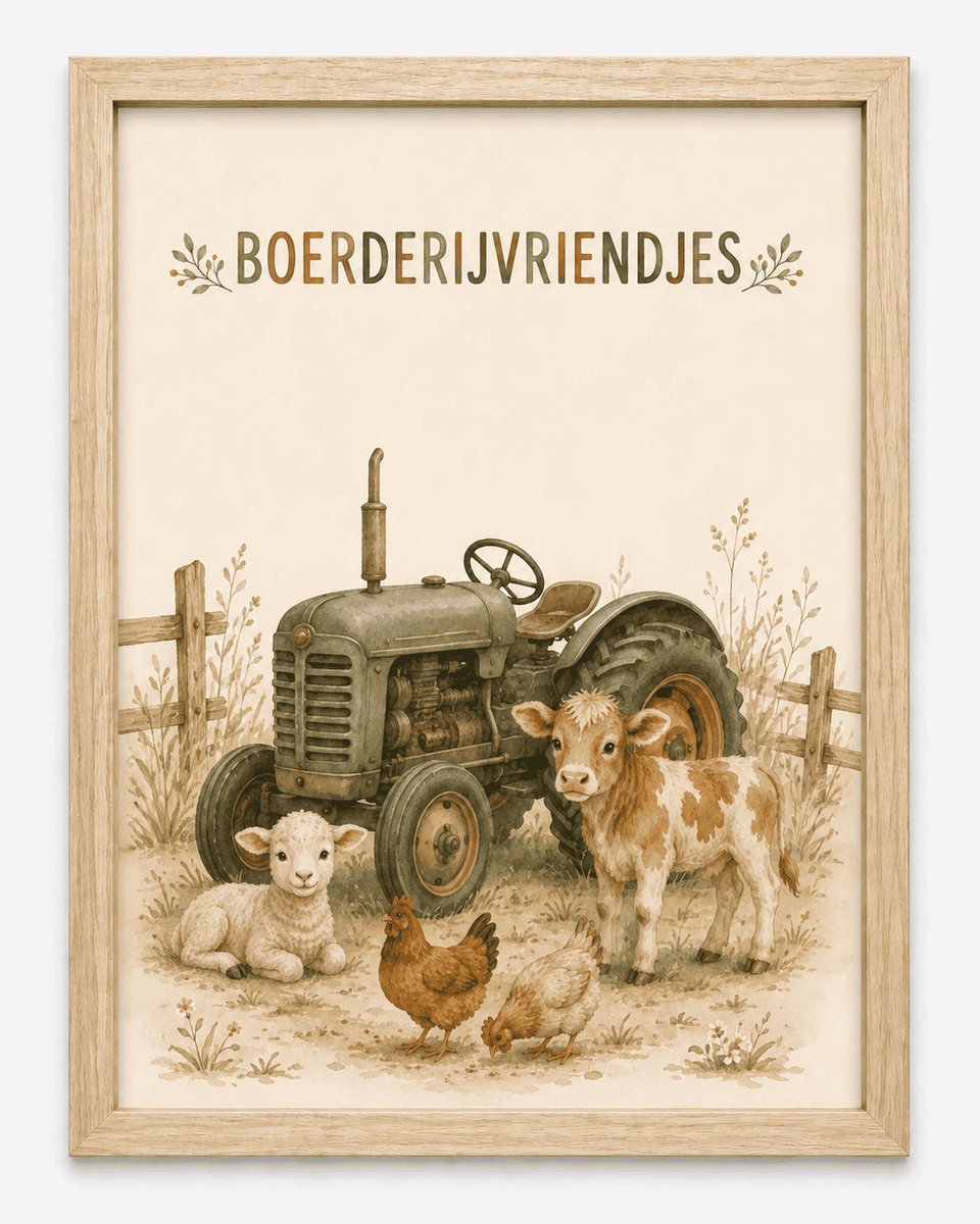 Boerderij Poster Kinderkamer | Boerderijvriendjes Met Tractor | Inclusief Zwarte A4 Lijst