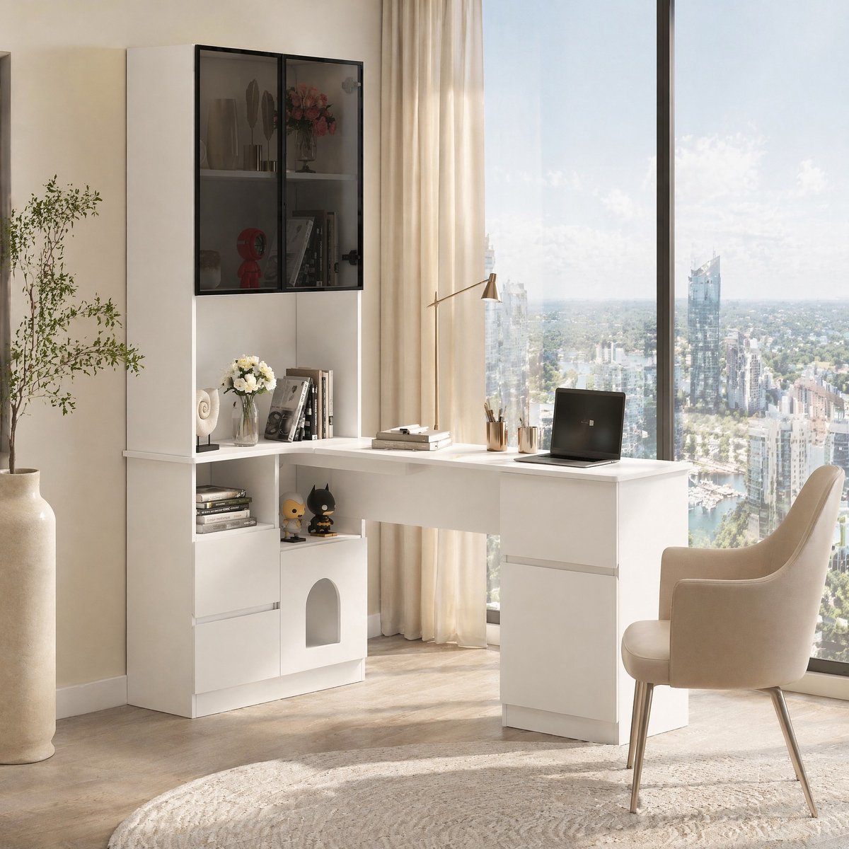 Wishdor Hoekbureau met boekenkast en LED-vitrinekast - 3 lades, 2 deuren, kabeldoorvoer, open vakken - Modern design - Woonkamer kantoor studie - MDF - Wit - 120 x 80 x 180 cm