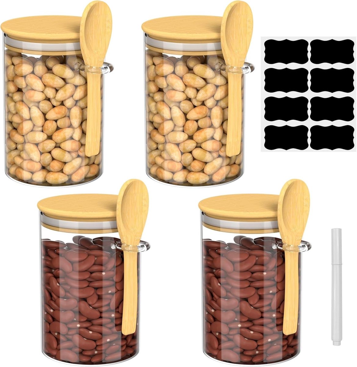 Voorrraadpotten met Deksel en Lepel - Transparant - 500 ml - Set van 4 Stuks - Voor Keukenopslag