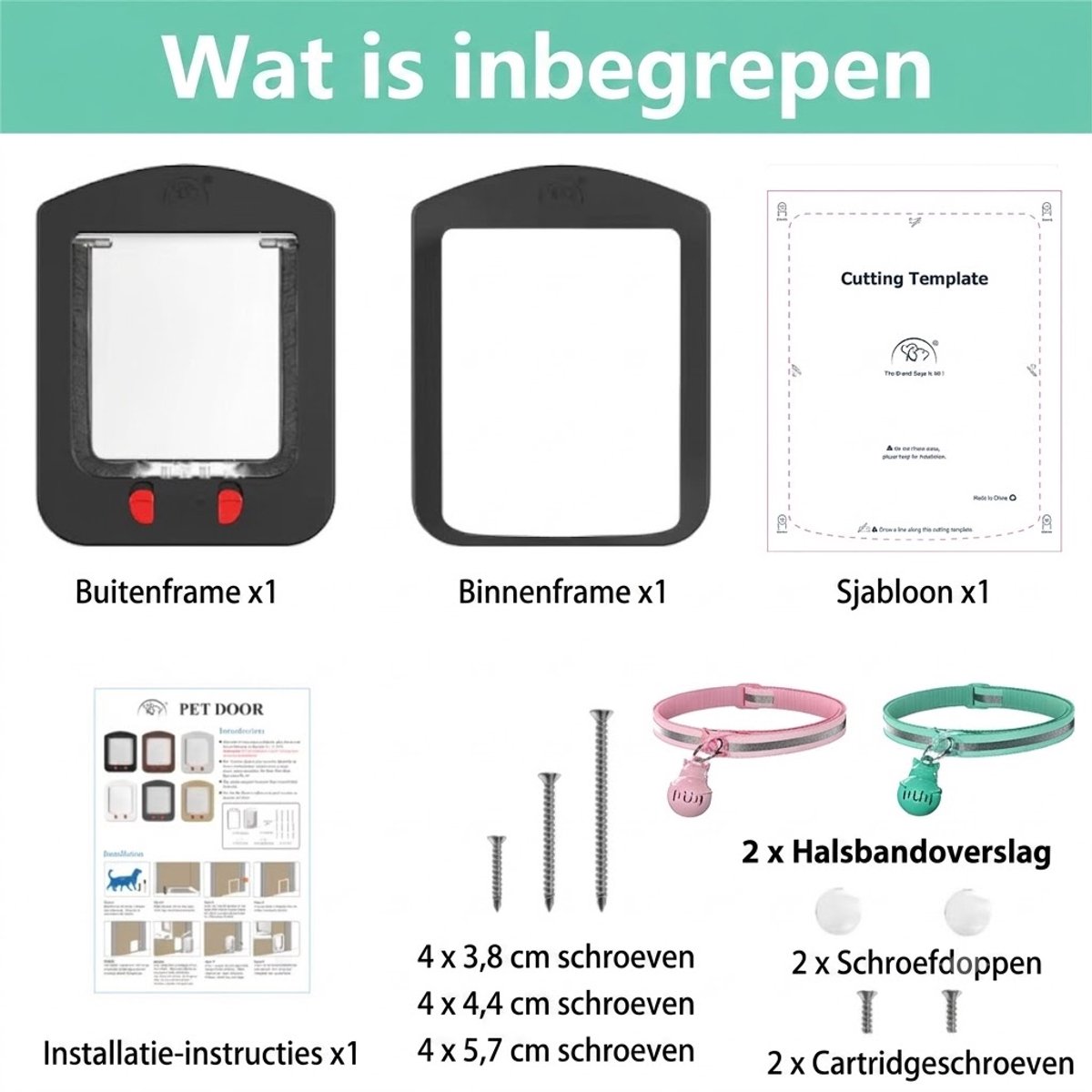 KHRONOX Kattenluik met Tunnel, 23x29x5 cm, Magnetische Sluiting en Halsbanden, Afsluitbaar Kattenluik, 4 Vergrendelingsstanden, Voor Kleine, Middel, Grote Katten, Inclusief Montageset en Handleiding, Inclusief 2 magnetische halsbanden, ZWART thumbnail 6