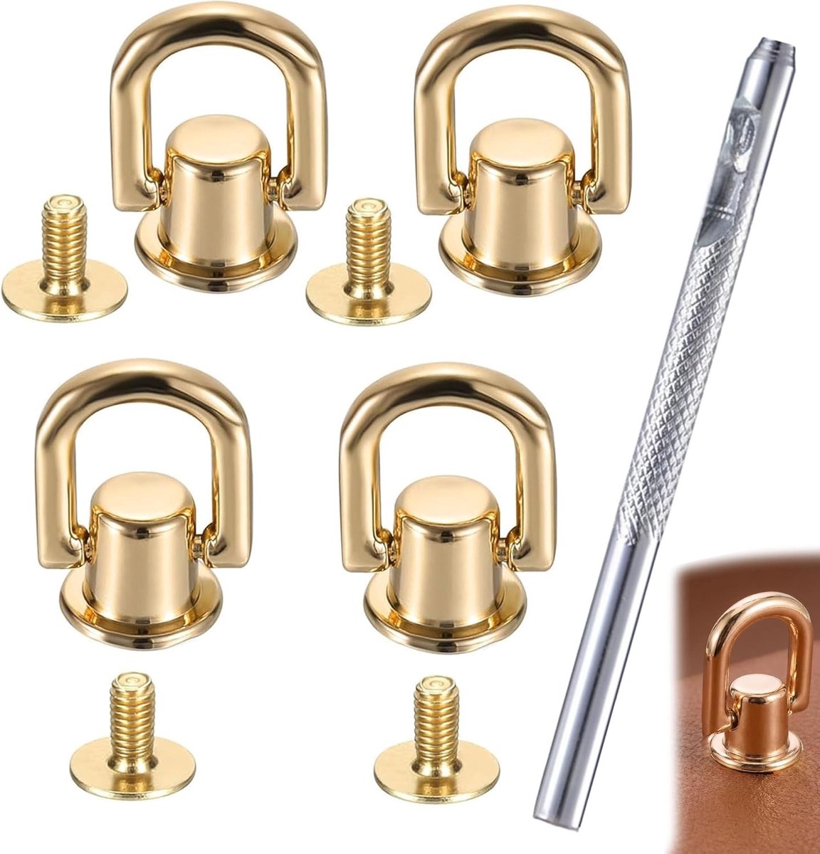 360° Rotating D-ringen met Schroeven en Gaatjestang voor Leren Handtassen, Rugzakken en Riemen - 4 Stuks in Goud