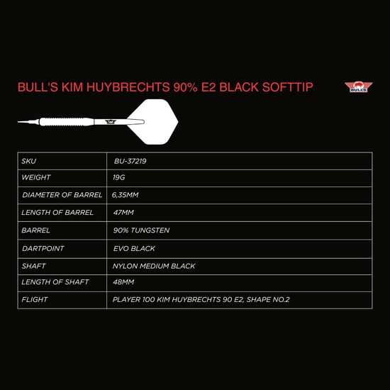 Bull's Kim Huybrechts E2 Full Black 90% - Soft Tip Dartpijlen van Bull's — afbeelding 5