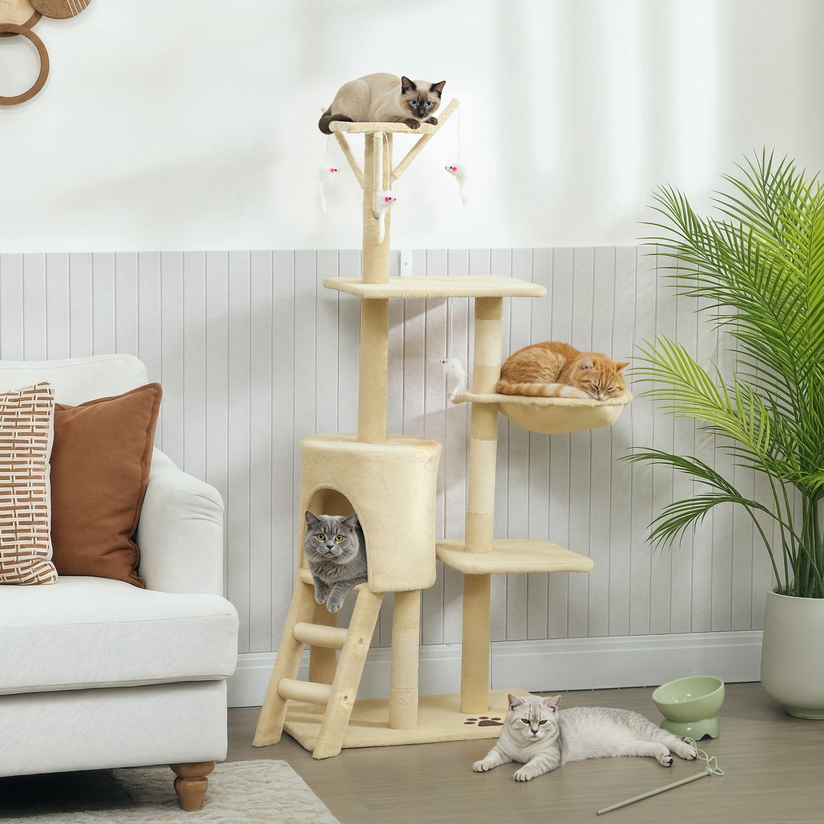 Krabpaal met grot-4 speeltjes-sisalpalen-groot platform-trapje-voor katten tot 5 kg-beige thumbnail 2