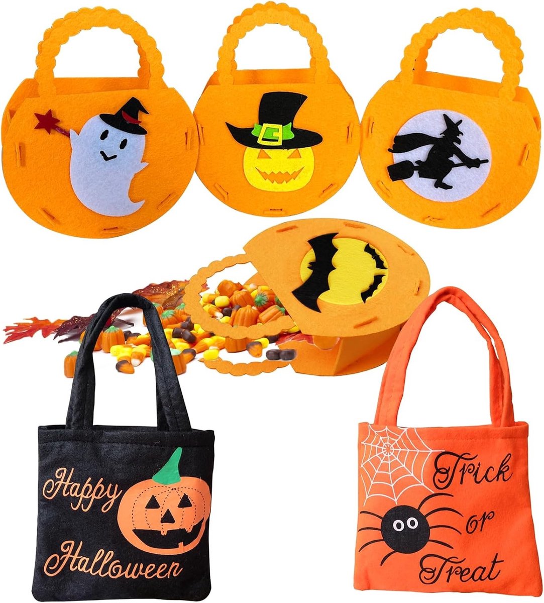 6 Stuks Herbruikbare Halloween Snoepzakken met Pompoenprint voor Feestjes en Kostuums, Perfect voor Halloween en Themapartijen