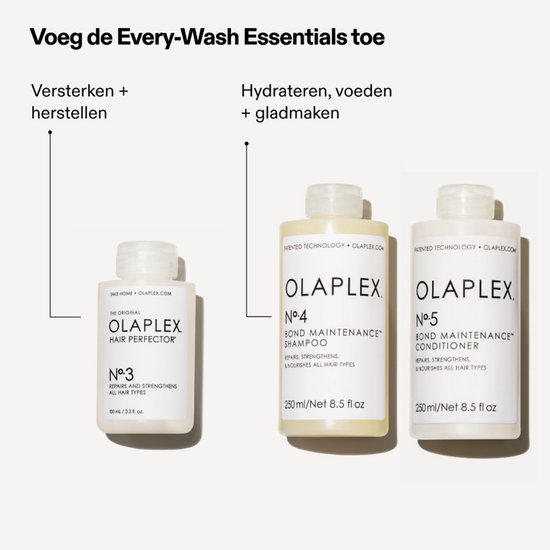 Olaplex N°3 Haar Perfector, N°4 Shampoo en N°5 Conditioner in witte flessen met beige accenten.