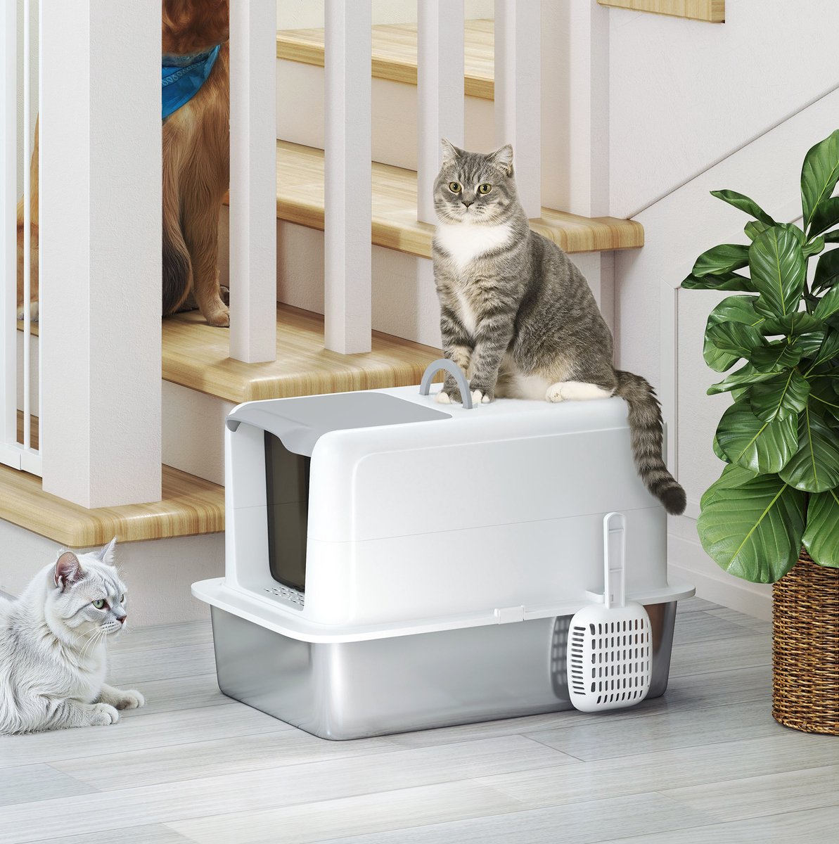 REDOM - Kattenbak - RVS binnenbak - Met deksel en geïntegreerde streufilter - Inclusief kattenschep - Gesloten uitvoering - Voor katten tot 6 kg - 40,5 x 60,5 x 41,5 cm