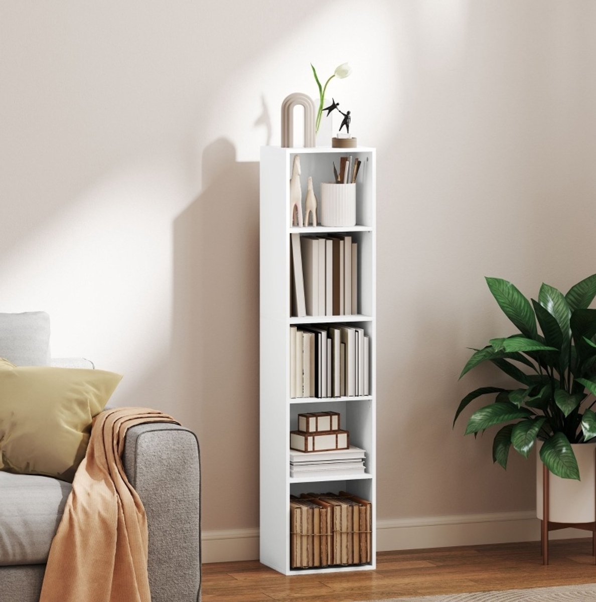 REDOM - Boekenkast - 5 open vakken - 3 verstelbare planken - Opbergkast - Open kast - Woonkamer en studeerkamer - Spaanplaat en melamine - Wit - 30 x 24 x 133,5 cm