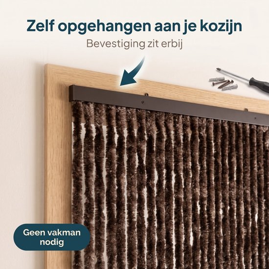 Cheqo® Vliegengordijn 90x210 cm Bruin - Insectengordijn - Deurgordijn - Kattenstaart - Horgordijn - Hordeur - Pluche Strengen - Chenille - Muggengordijn - Vliegenhor - Anti Insecten - voor Deur, Tuindeur, Balkondeur, Caravan en Camper — afbeelding 3