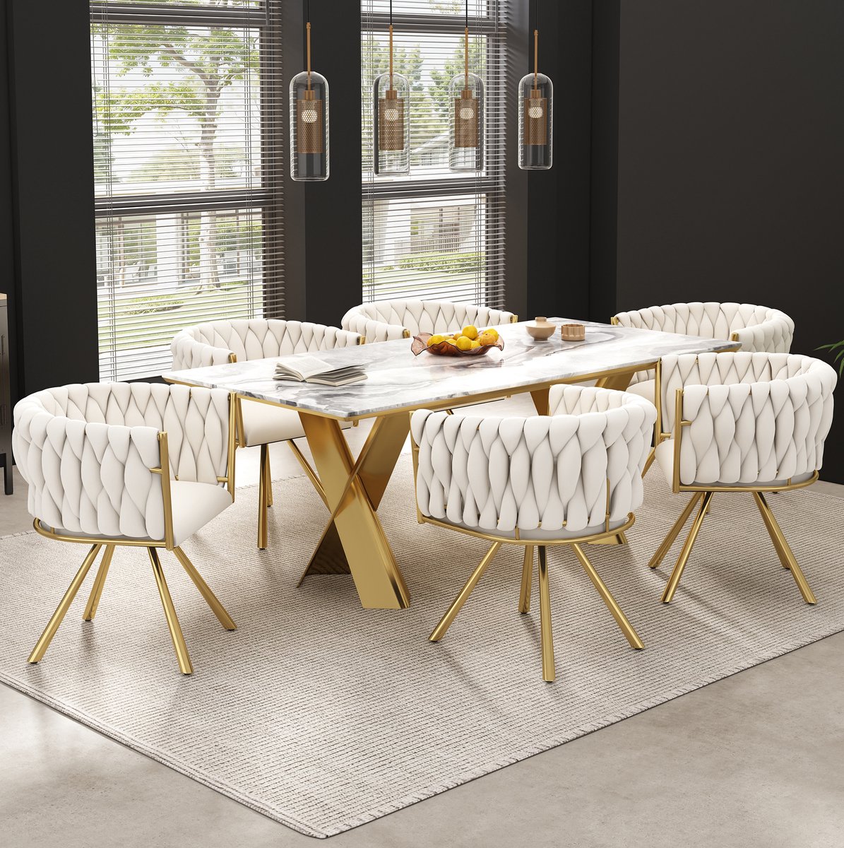 OKWISH Eetkamerstoel Set van 6 - 360 Draaibare Kuipstoel met Fluwelen Bekleding en Metalen Onderstel - Voor Eetkamer - Beige Goud