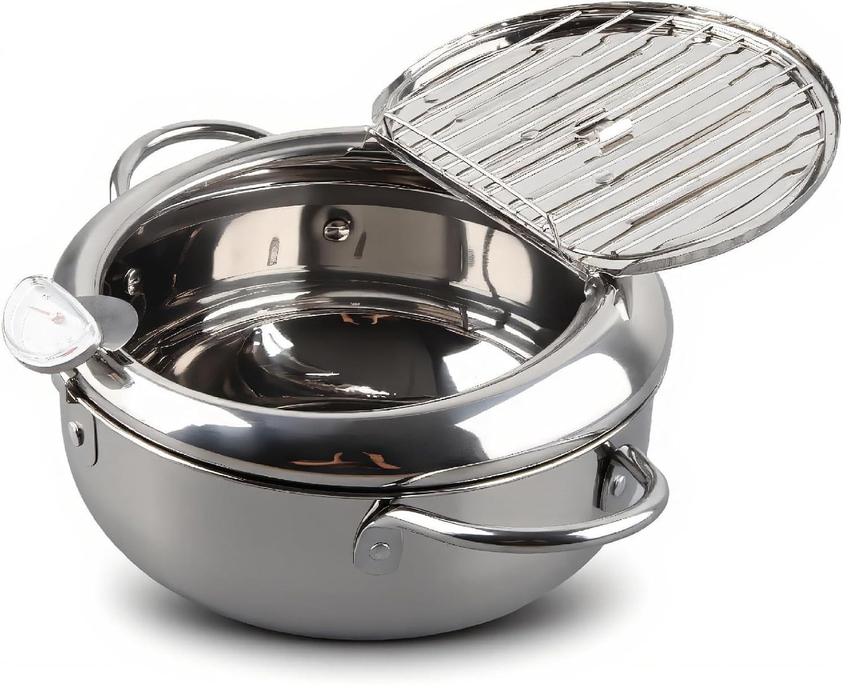 Friteuse Pot - RVS - 20 cm - Japanse Stijl met Thermometer - Voor Thuis Frituren