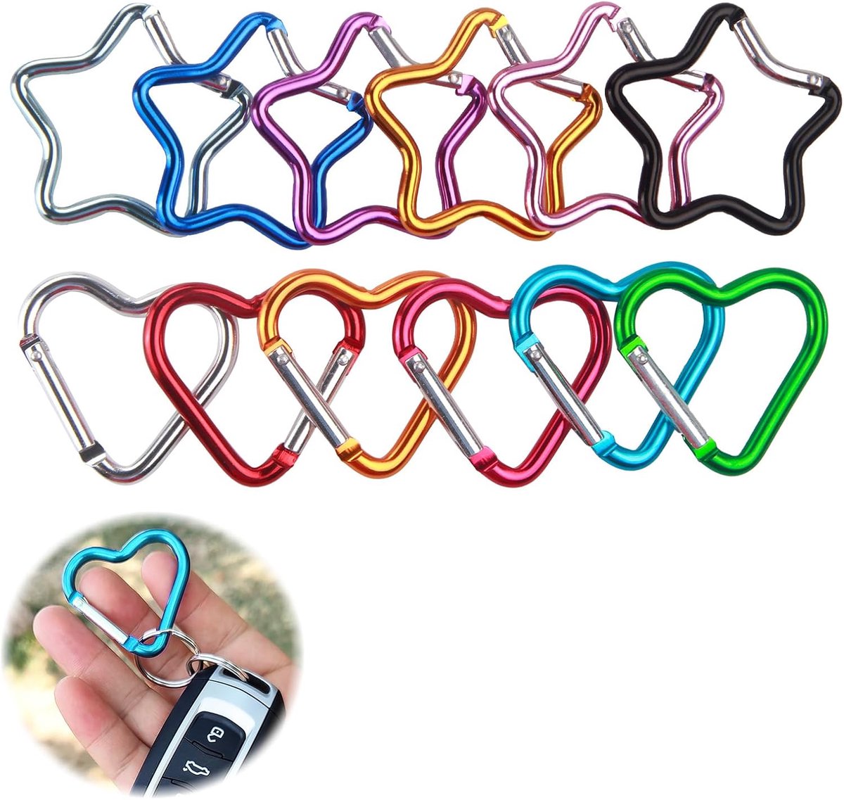 12 stuks karabijnhaken, kleine sleutelhangers, hart karabijnhaak, ster, sleutelkarabijnhaak van aluminium - ShopVlot