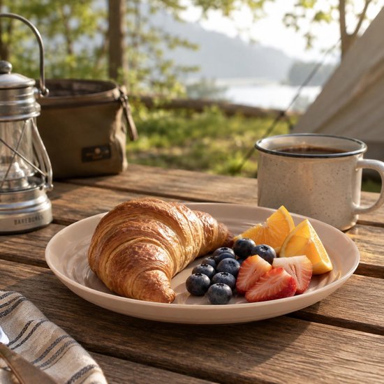 Ontbijt met een croissant, blauwe bessen, aardbeien en sinaasappelpartjes op een beige bord, met koffie ernaast.