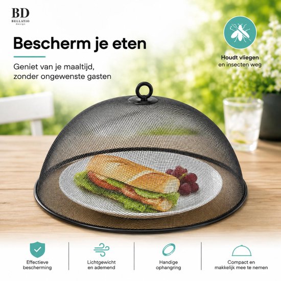 Bellatio Design Vliegenkap - 2x - zwart - D35 x H16cm - buiten eten - anti insecten - RVS - voedsel beschermen - voedselkap - afdekkap — afbeelding 4