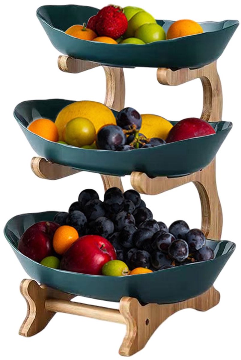 Famanu – Drievoudige fruitschaal met houten standaard voor het opbergen van groenten, fruit en snacks