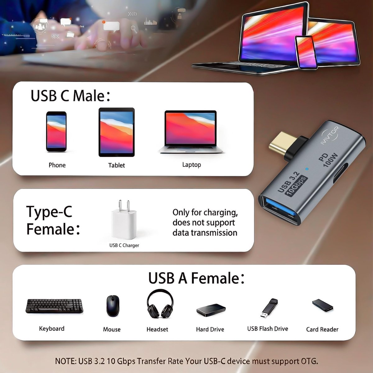 IVIVTOR USB-C OTG Adapter - 2 in 1 Splitter met USB-A 3.2 10Gbps Poort & 100W Snel Opladen compatibel met Laptop - ShopVlot