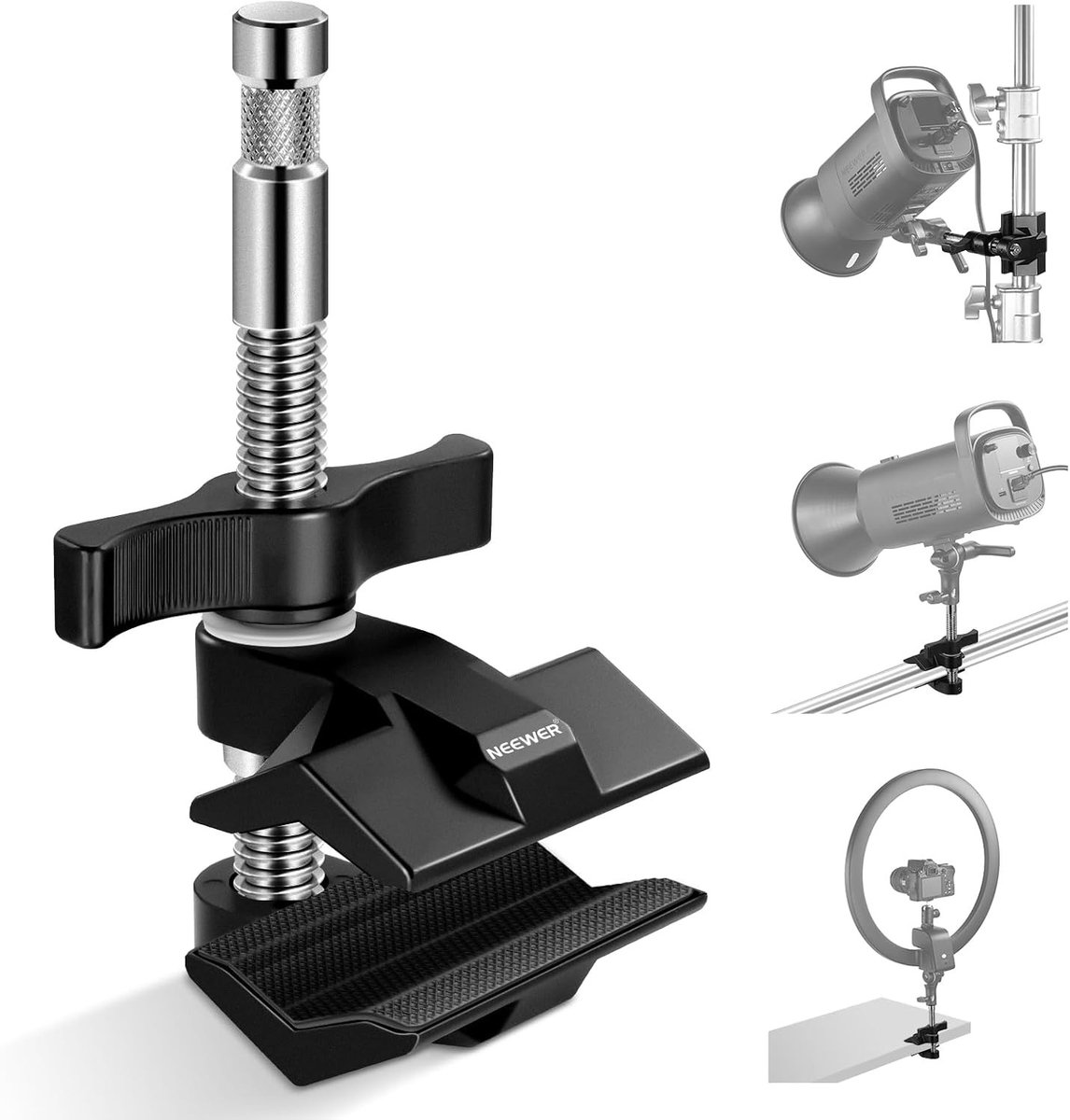 2 Inch End Jaw Grip met 5/8" Stud, Stalen Schenkel Eindpijp Klem met Verstelbare Aluminium Klemmen, Rubber Pads voor C Stand, Antidraaiing en Eenvoudige Vergrendeling voor LED Videolampen en Fotografie Accessoires