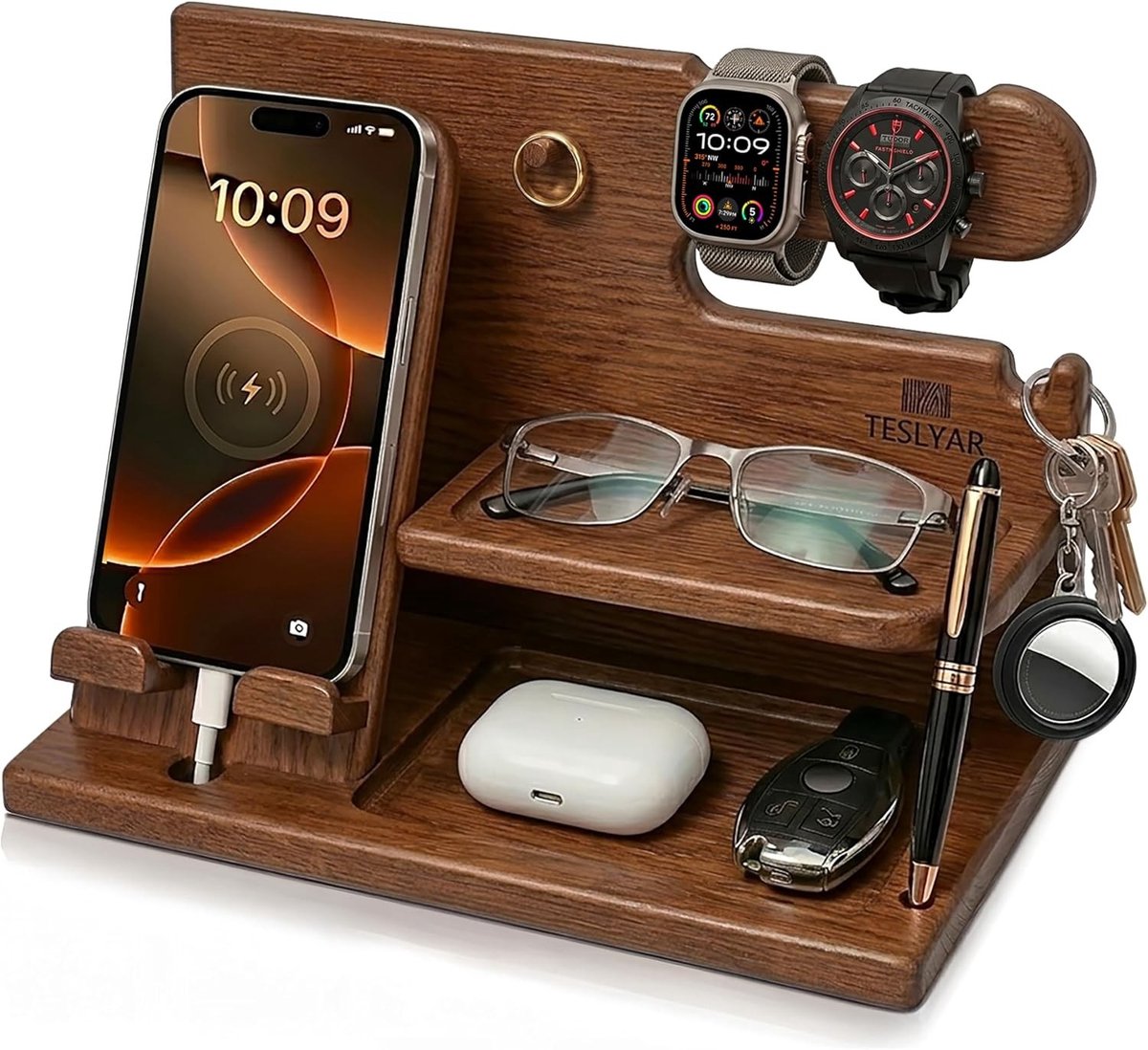 Houten Telefoon Docking Station - Beige - Stand voor Smartphone en Organizer - Voor Mannen