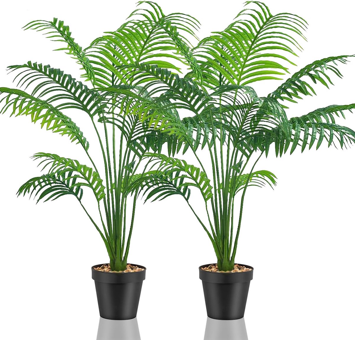 Famanu Set van 2 kunstmatige nepplanten, decoratieve grote kunstplanten in kunstmatige palmboom stijl voor binnen en buiten (2 potten gele palm Zwart
