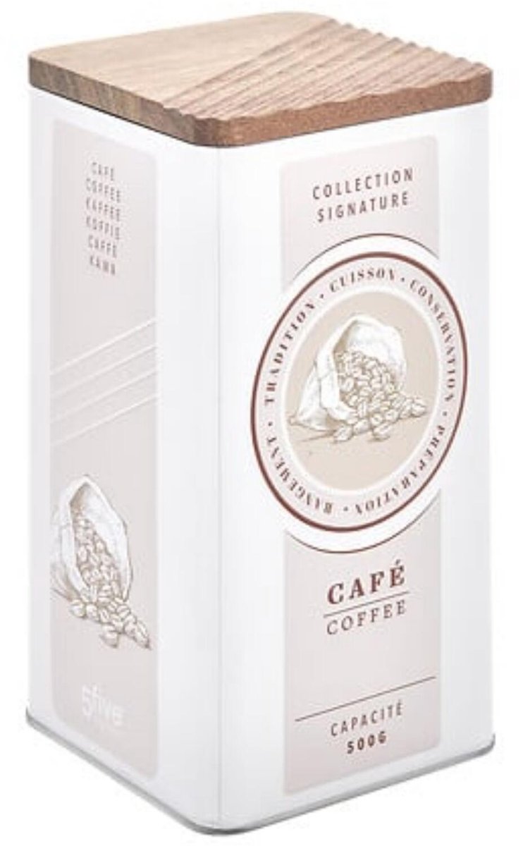 5Five Koffieblik / bewaarblik - koffie print - acacia hout deksel - 11 x 11 x 19 cm - wit - rechthoekig - bonen / filterkoffie / cups