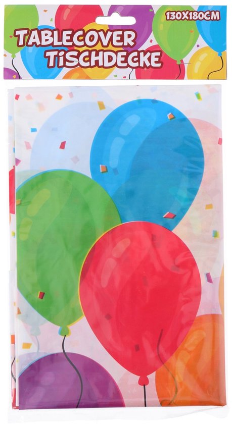 Tafelkleed met veelkleurige ballonnen en confetti. 130x180 cm.