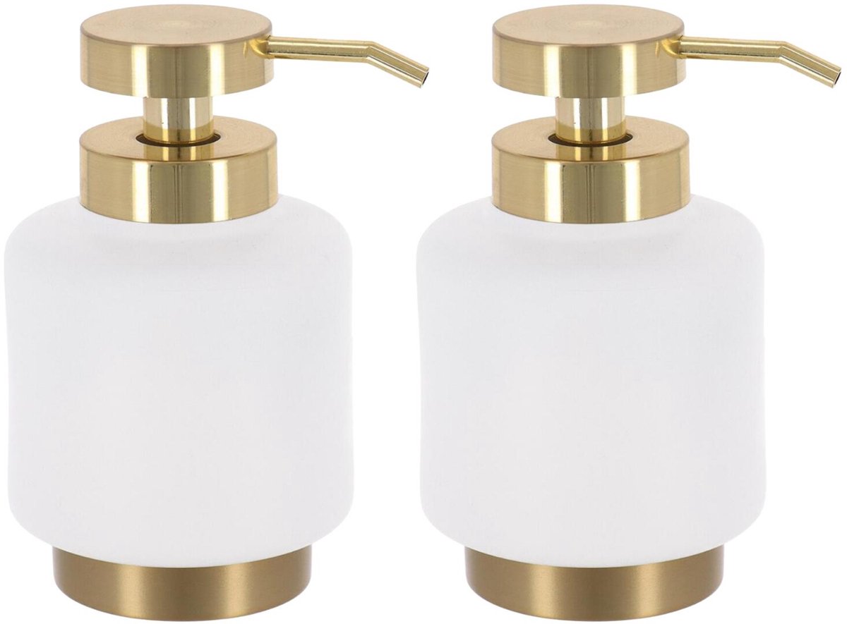 Tendance zeeppomp / zeepdispenser Elba - 2x - wit/goud - 450ml - rond - 15 x 9 cm - polyresin