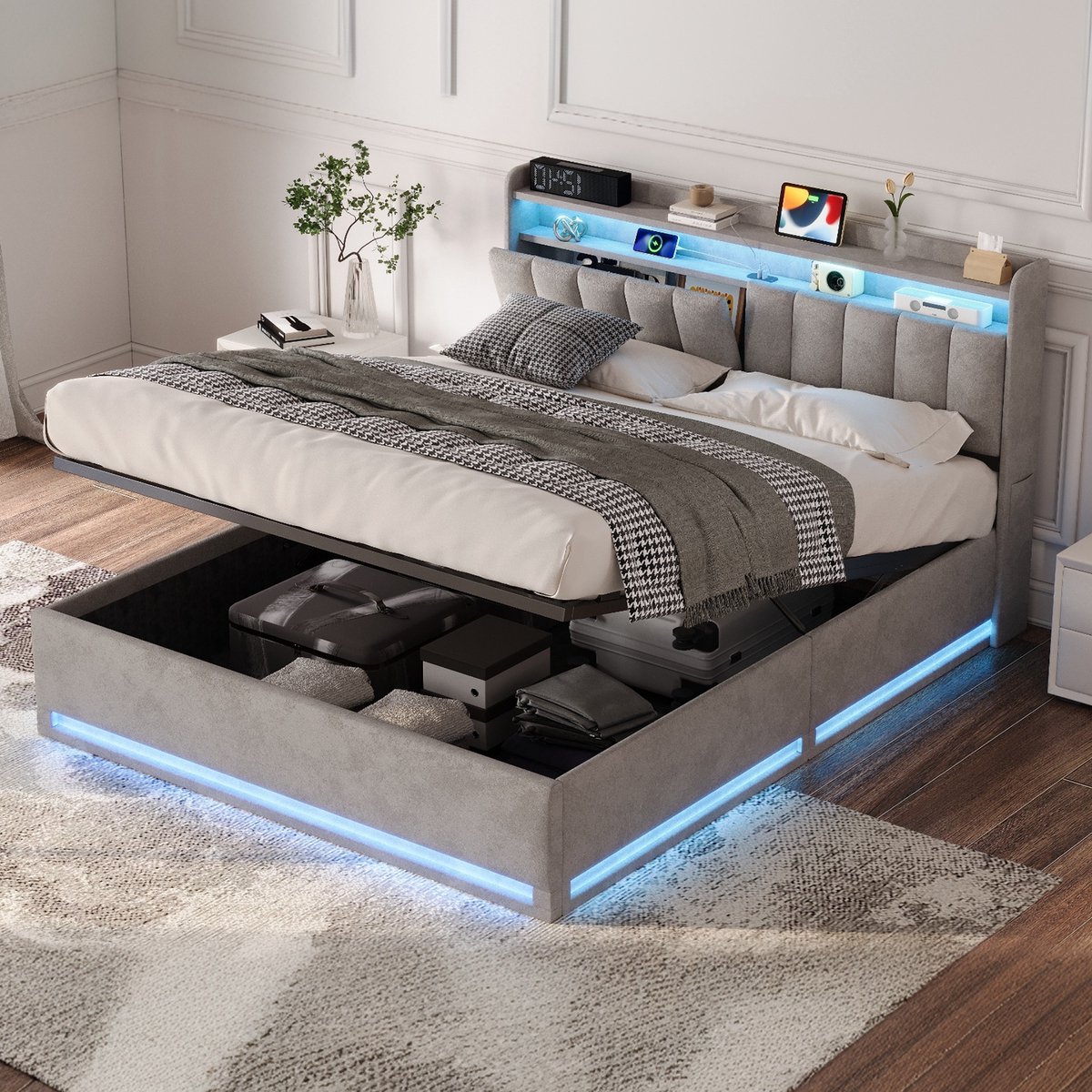 Volwassen bed 140x200 cm, tweepersoonsbed met LED-verlichting, hoofdbord met opbergruimte, opbergbed met lattenbodem, fluwelen bekleding, grijs, zonder matras