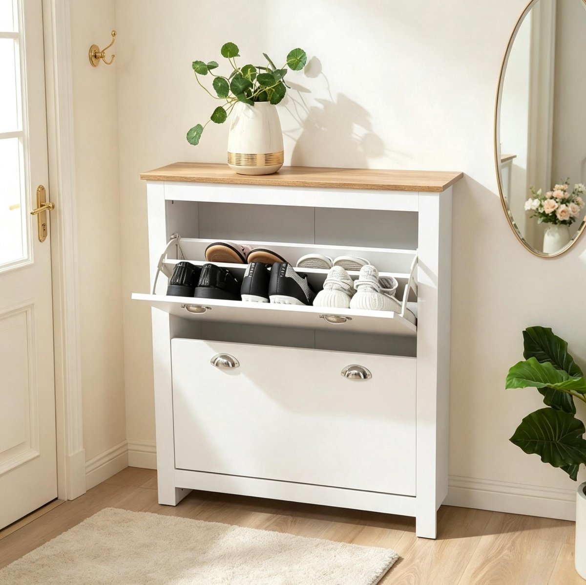 MIVRAY Schoenenkast - Moderne Opbergkast Met Twee Klapdeuren En Opzetblad - Voor Hal En Garderobe - MDF - 79x23x90,5 Cm - Eiken Wit