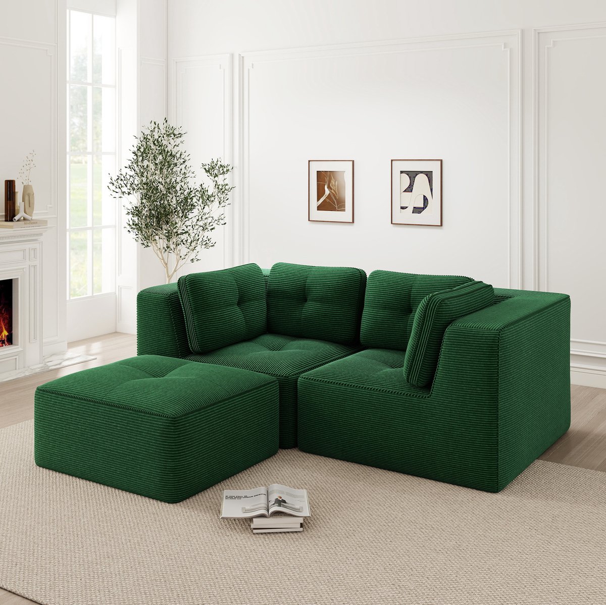 Hoekbank 208 X 177 X 69 Cm - Modulair En Vrij Te Combineren Met Verplaatsbare Voetenbank - Voor Woonkamer En Slaapkamer - Corduroy - Groen