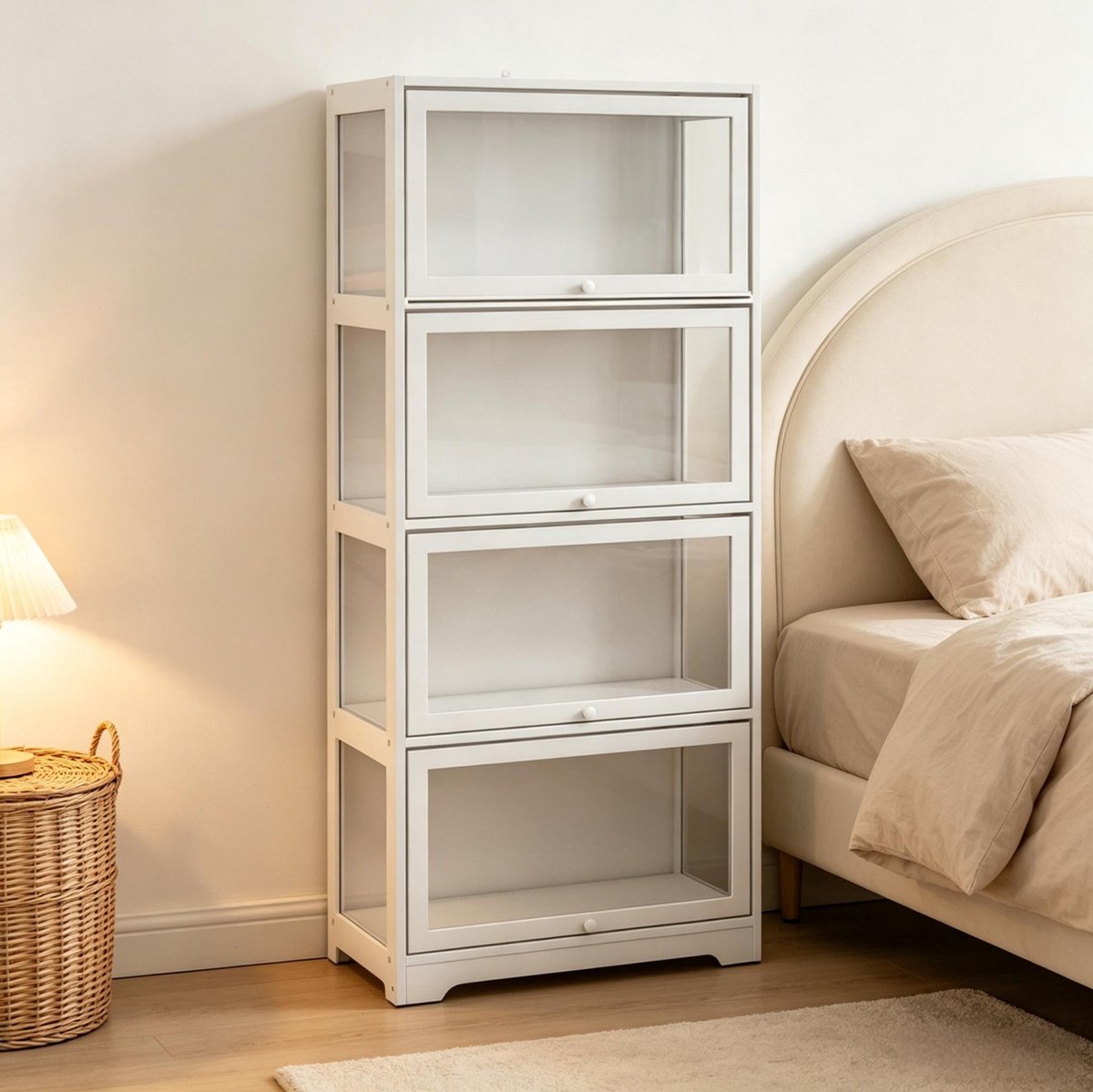 MIVRAY Boekenkast - Vitrinekast Met 4 Vakken En Schuifdeuren - Voor Woonkamer Slaapkamer En Kantoor - MDF En Acryl - 59x30x139 Cm - Wit
