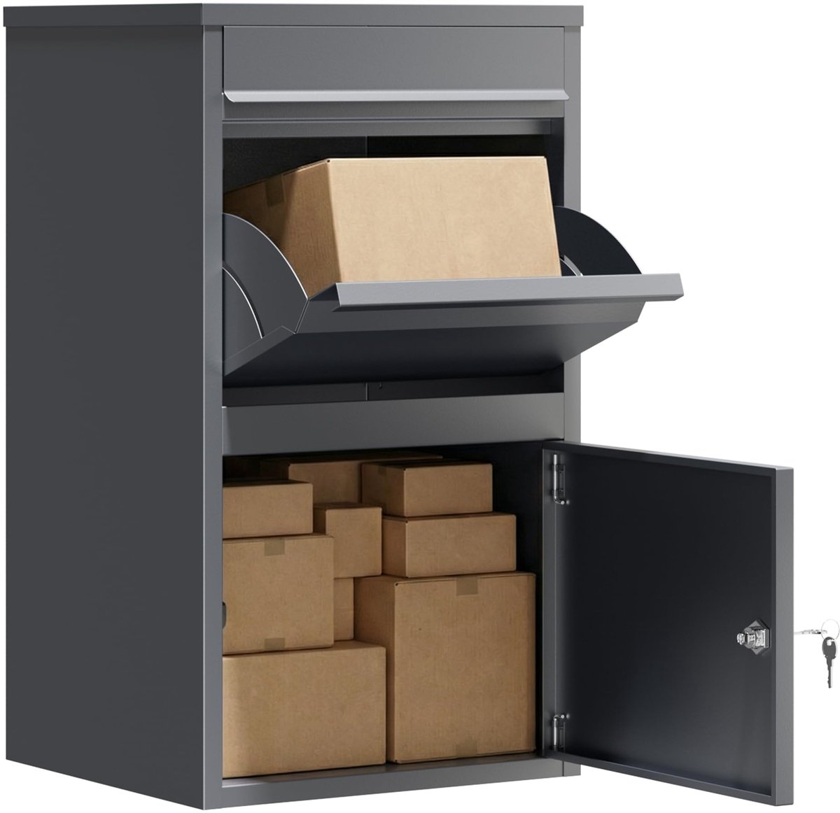 Famanu – Pakketbus antraciet, 410 x 385 x 720 mm, staande brievenbus van staal voor thuis, geschikt voor pakketten en pakketjes