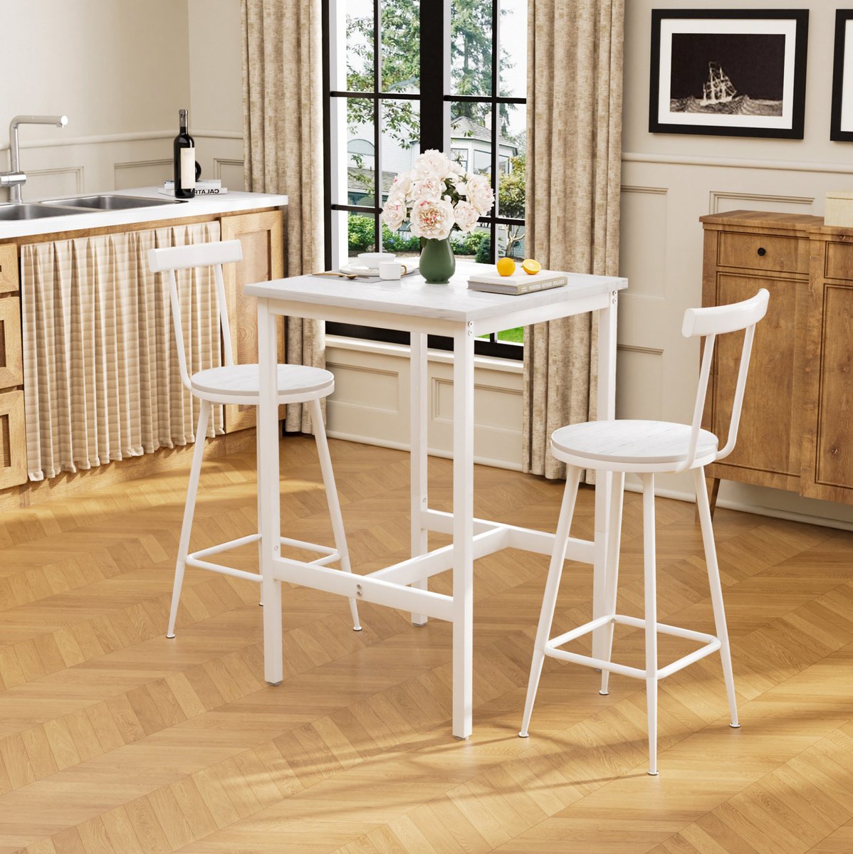 Wishdor Bartafelset - 2 barkrukken met rugleuning - Met voetsteun en compact formaat - Industrieel - Keuken woonkamer eetkamer - Hout metaal - Wit - 60 x 60 x 92 cm