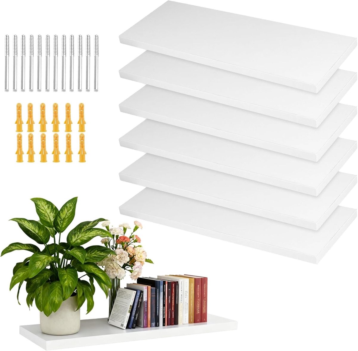 Set van 6 Witte Wandplanken van Hout 40 x 15 x 1.5 cm, Zwevende Planken voor Woonkamer, Slaapkamer en Keuken met Bevestigingsmateriaal