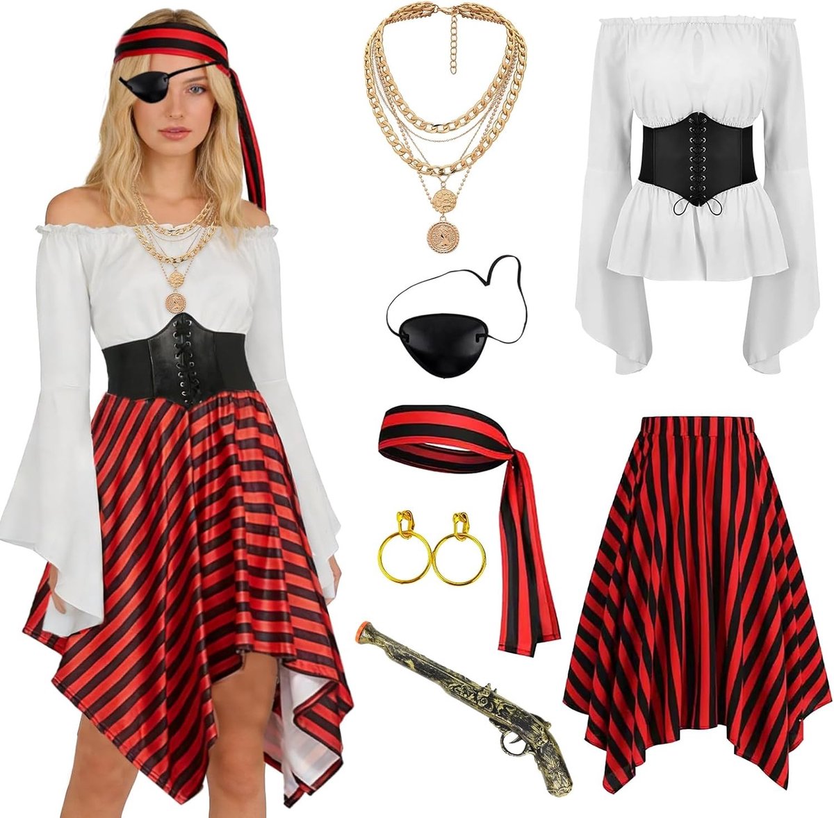 Vrouwelijk Piratenkostuum met Off Shoulder Design, Corset, Sjaal, Sieraden en Accessoires voor Carnaval en Feestjes
