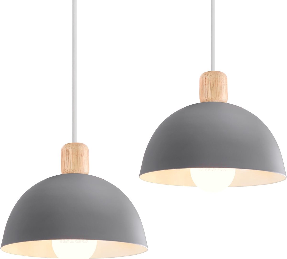 SnelShoppen - Set van 2 Retro Moderne Hanglampen - Semicirkel E27 Houten en Metalen Chandeliers voor Slaapkamer, Eetkamer, Keuken - 20 cm Grijs