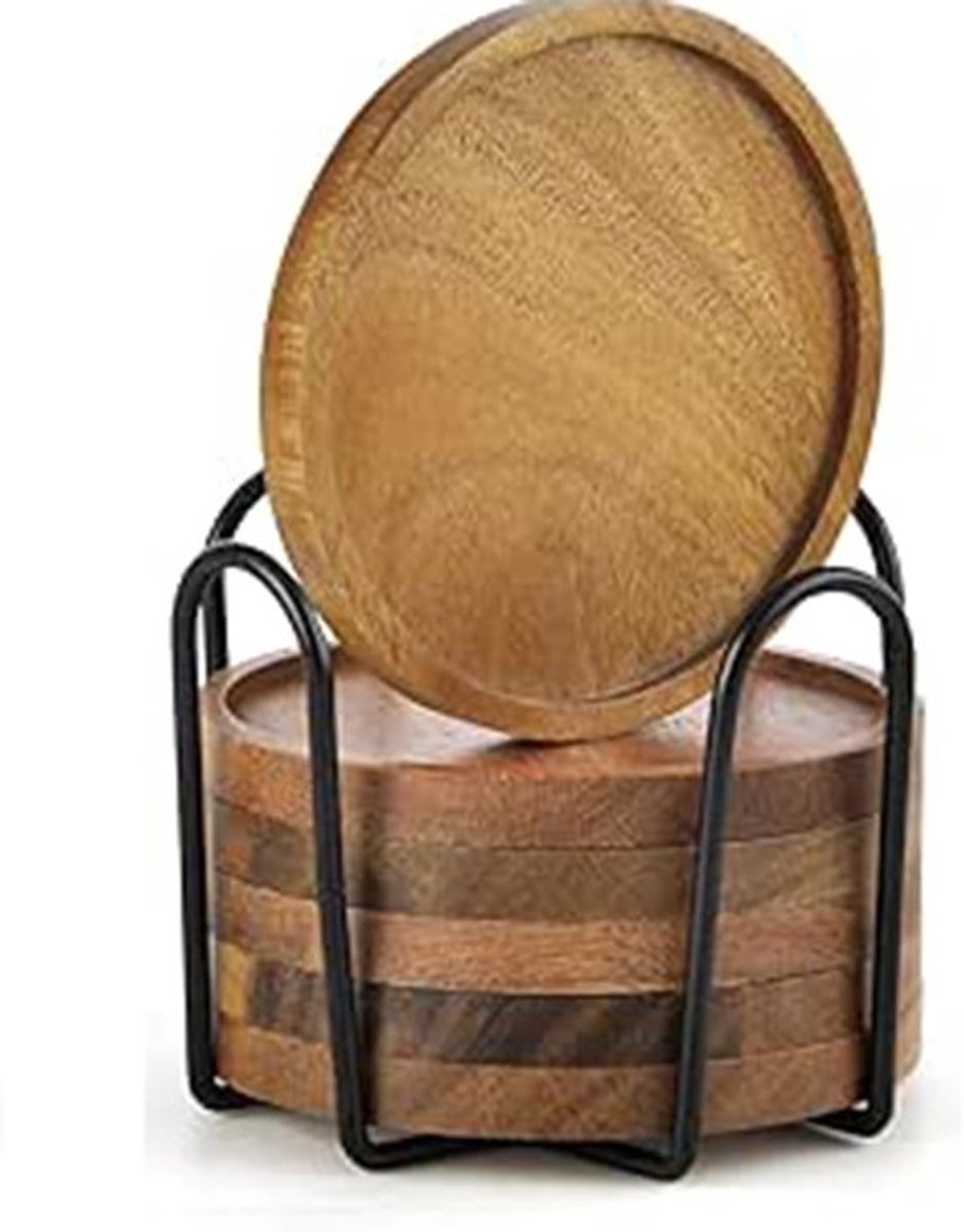 Onderzetters Set van 6 - Houten Onderzetters voor Glazen - Onderzetters met Houder - Acaciahout - Duurzaam - Stijlvol Design - Coaster