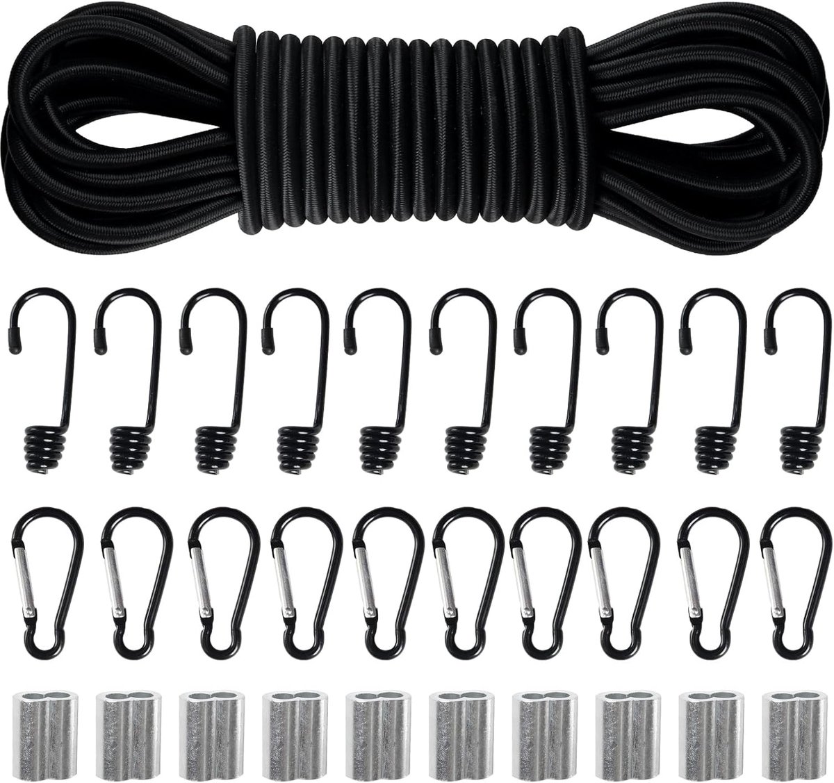 Elastisch touw 10m x 8mm - rubberkoord met haken en karabiners - ideaal voor vervoer en tuinwerk - SnelShoppen