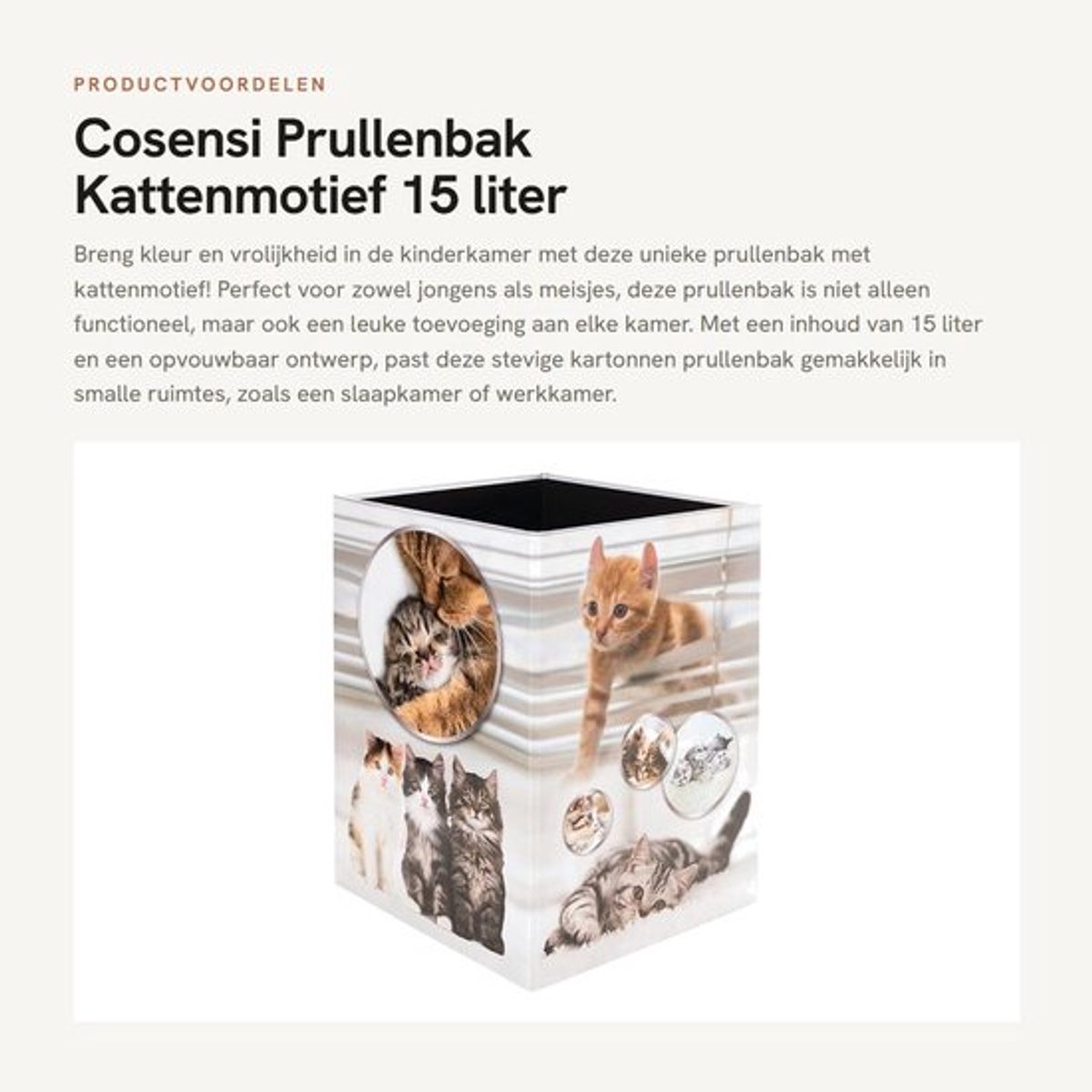 Prullenbak 15 liter - Opvouwbaar - Stevig Karton - Rechthoekige Afvalemmer - Kinderen - Kattenmotief