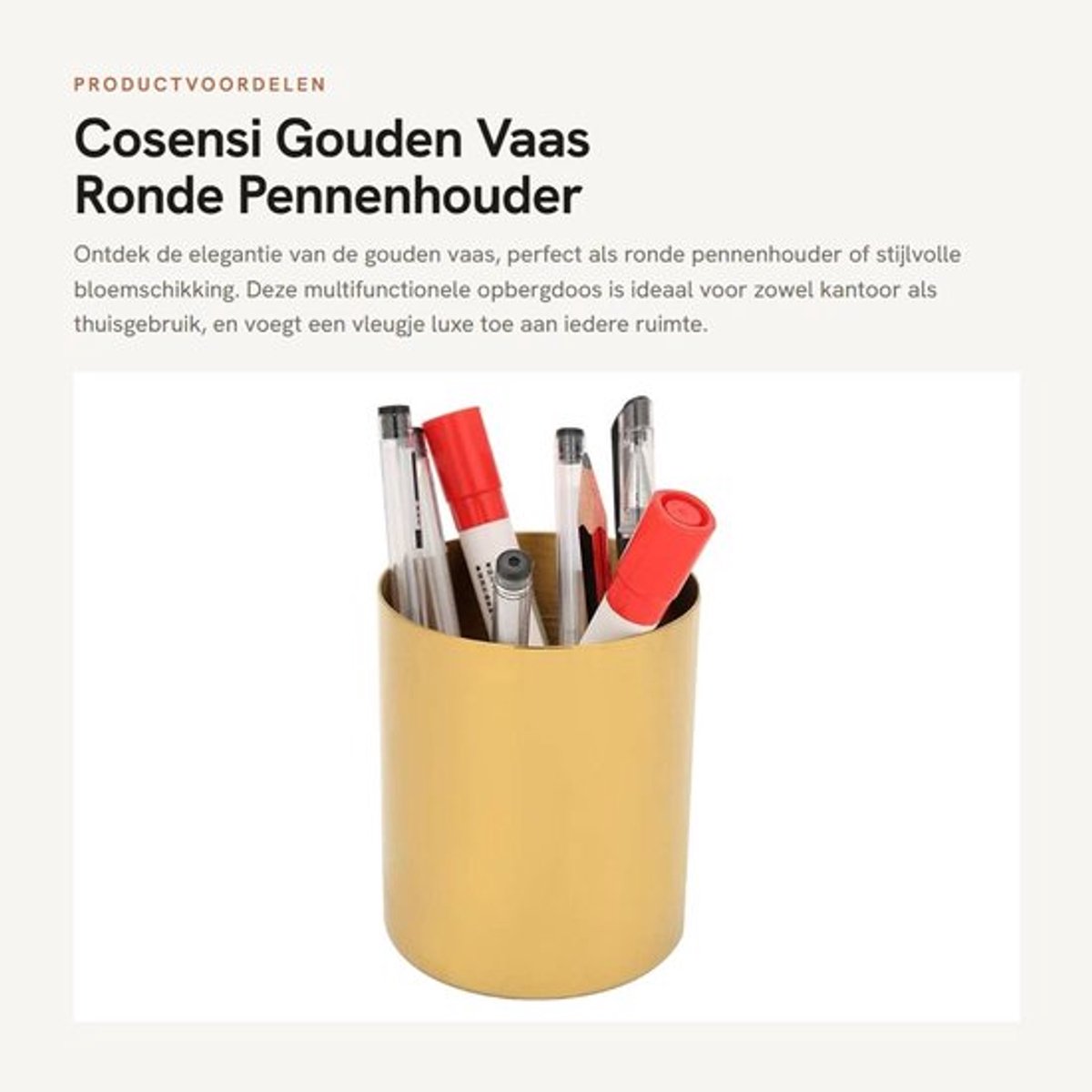 Pennenhouder Goud - Roestvrij Staal - Bureau Organizer - Potloodhouder - Vaas - Nordic Stijl - Afmetingen 8,3 x 10 cm