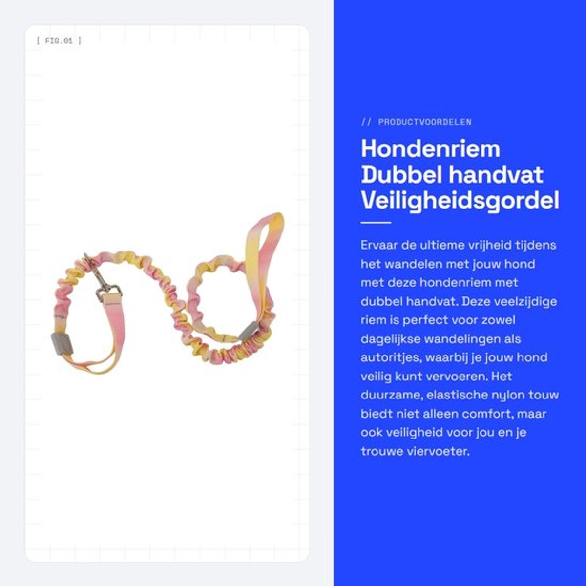 Hondenriem met dubbel handvat - Elastisch nylon - Lengte 110-160 cm - Veiligheidsgordel voor honden - Knoopvrij draaistuk - Duurzaam materiaal - Hondentuig