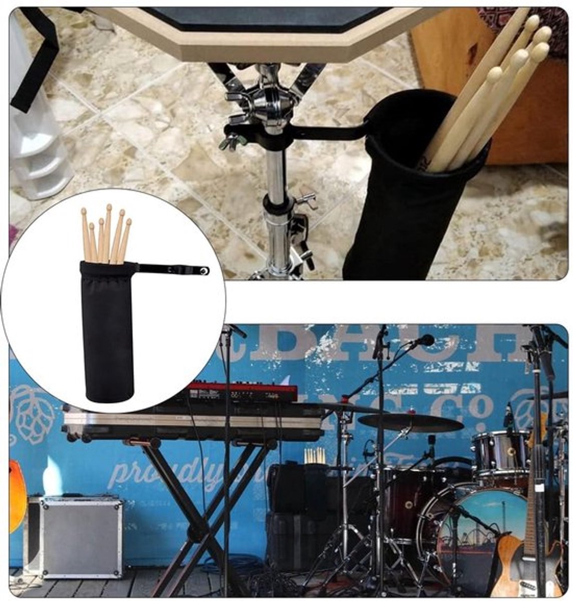 Drumstick Tas - Hoogwaardige Aluminium Klem - Duurzaam - Opbergruimte voor 5 Paar Drumsticks - Geschikt voor Muziekstandaard - Diameter 10 cm - Drumstick Emmer