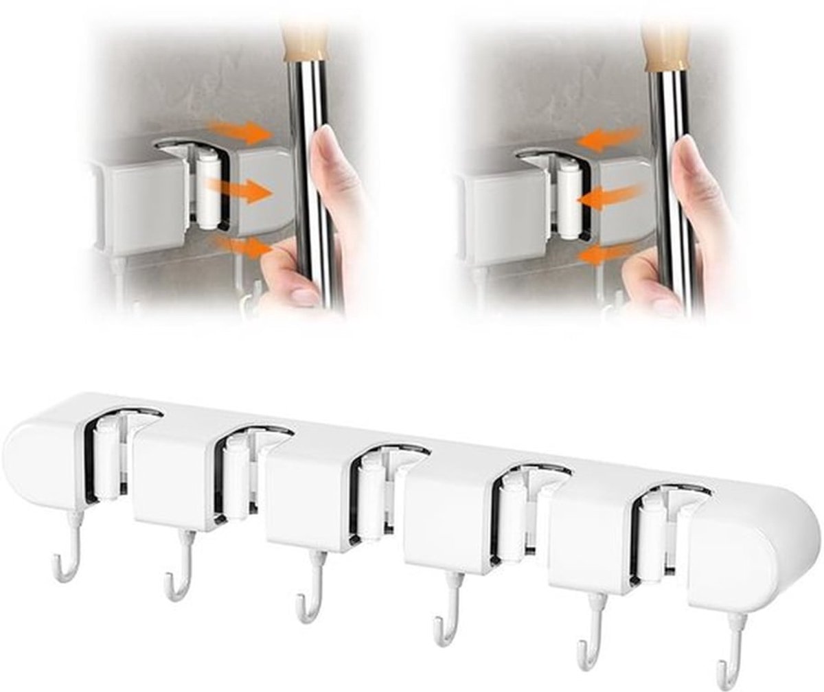 Bezemhouder met 5 Clips - Wandmontage - 6 Haken - Antislip Siliconen - Multifunctionele Dweilhouder - Voor Tuingereedschap - Gereedschapshouder