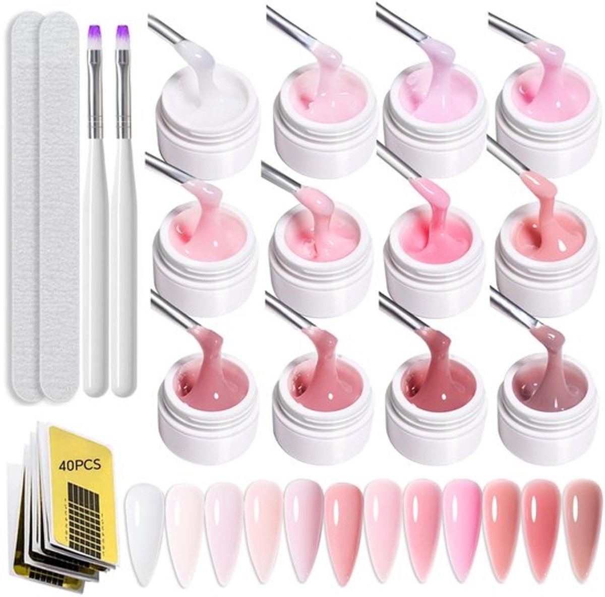 Opbouwgel 8g - Gelnagels Starterspakket - 12 Kleuren - UV-Bouwgel - Nagelvijlen - Gelkwasten