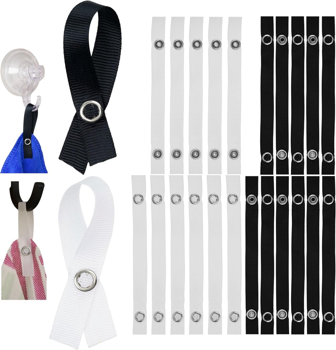 SnelShoppen - 24 Stuks Naai-vrije Textiel Hangers met Drukknoop, 150 x 12 mm, Zwart en Wit, Perfect voor Theedoeken, Badhanddoeken, Decoratieve Items,