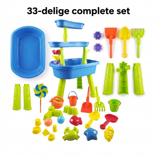Complete set van de blauwe en groene watertafel met 33 accessoires.